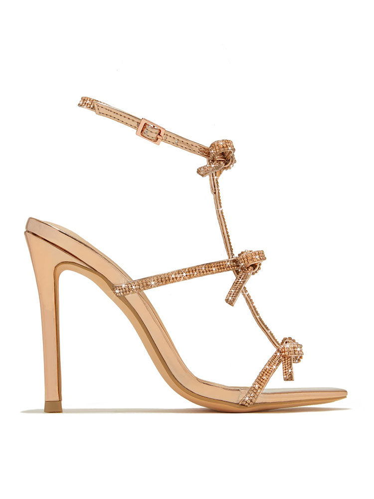 Rhinestone Bow Heeled Sandals Gold / 10