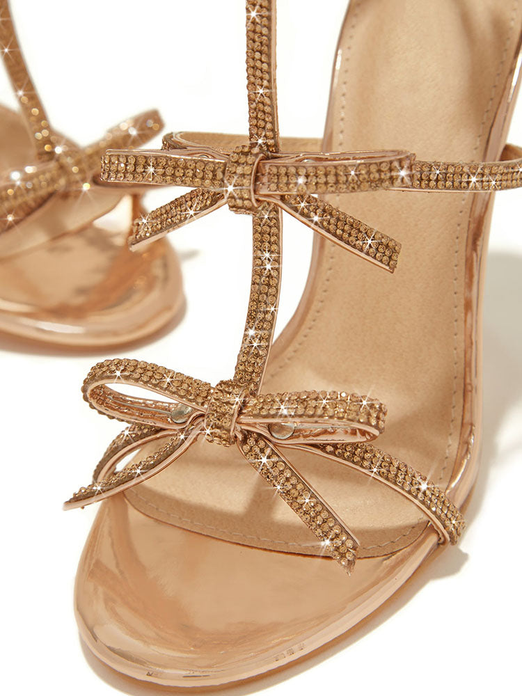 Rhinestone Bow Heeled Sandals Gold / 8.5