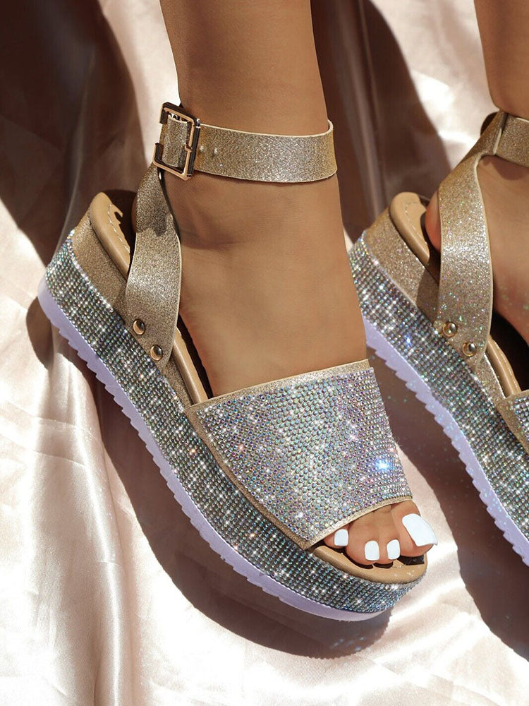 Casual Rhinestone Platform Sandals Gold / 6