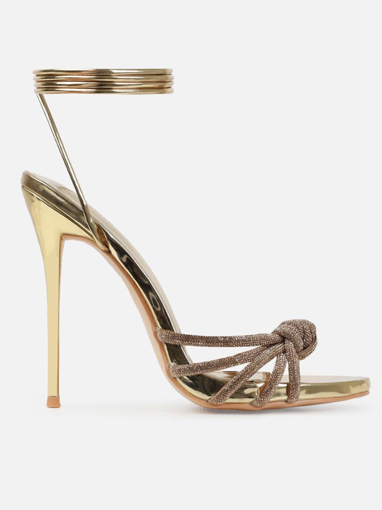 Women's Rhinestone Lace-up Pointed-toe Heels Golden / 6.5/7