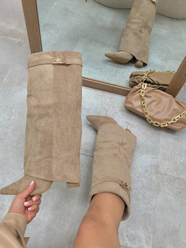 Fold Chunky Heel Knee High Boots Apricot Leather / 8.5