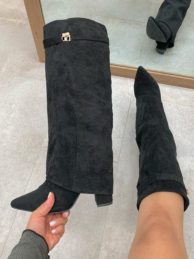 Fold Chunky Heel Knee High Boots Apricot Leather / 6