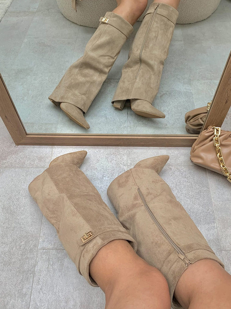 Fold Chunky Heel Knee High Boots Apricot Leather / 9/9.5