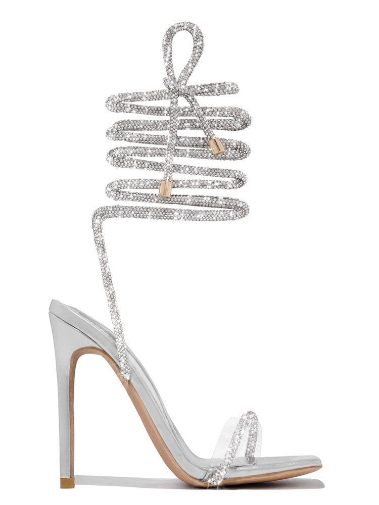 Rhinestone Ankle-Wrap High Heel Sandals Silver / 5/5.5
