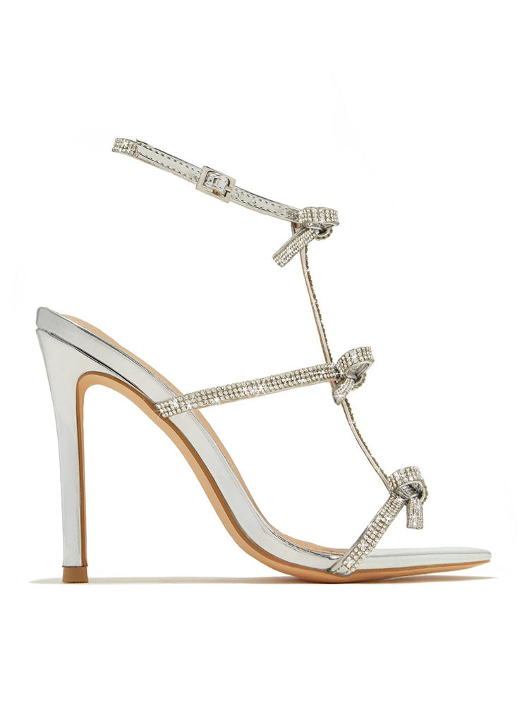 Rhinestone Bow Heeled Sandals Gold / 6