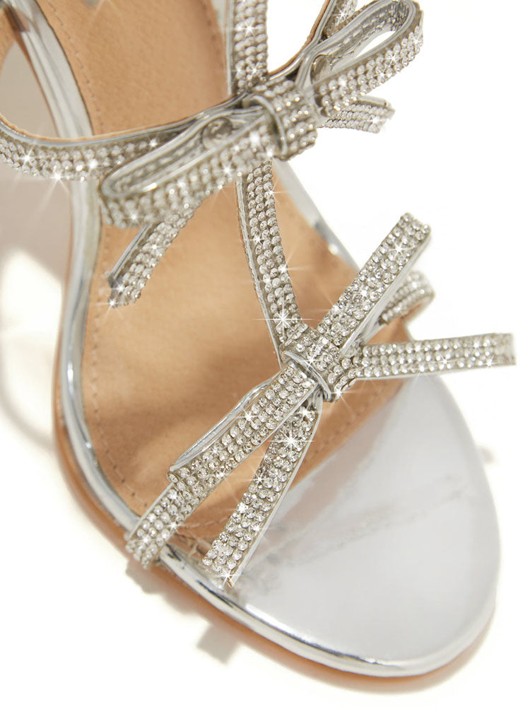 Rhinestone Bow Heeled Sandals Gold / 5/5.5
