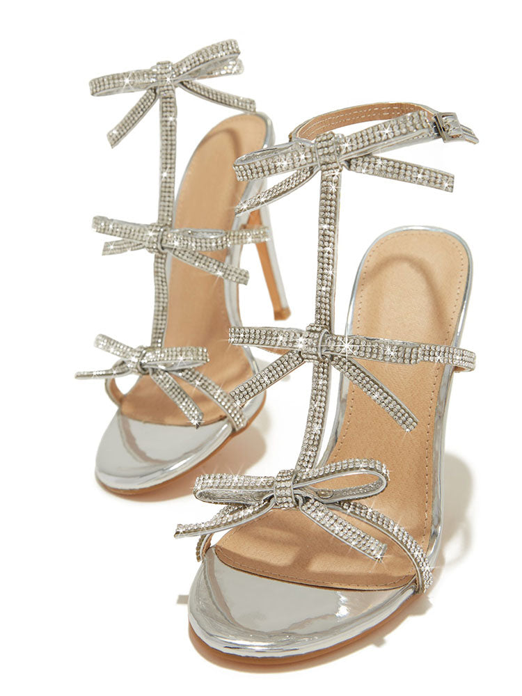 Rhinestone Bow Heeled Sandals Silver / 9/9.5