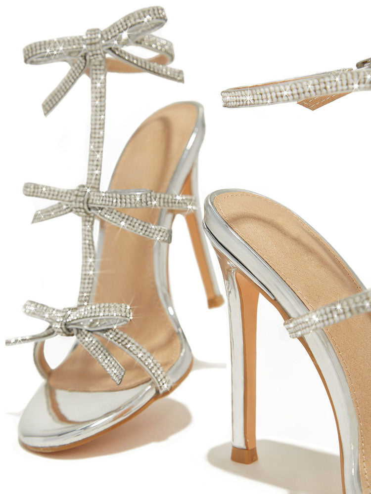 Rhinestone Bow Heeled Sandals Silver / 10