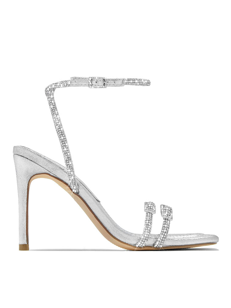 Rhinestones Ankle Strap Heels Silver / 6