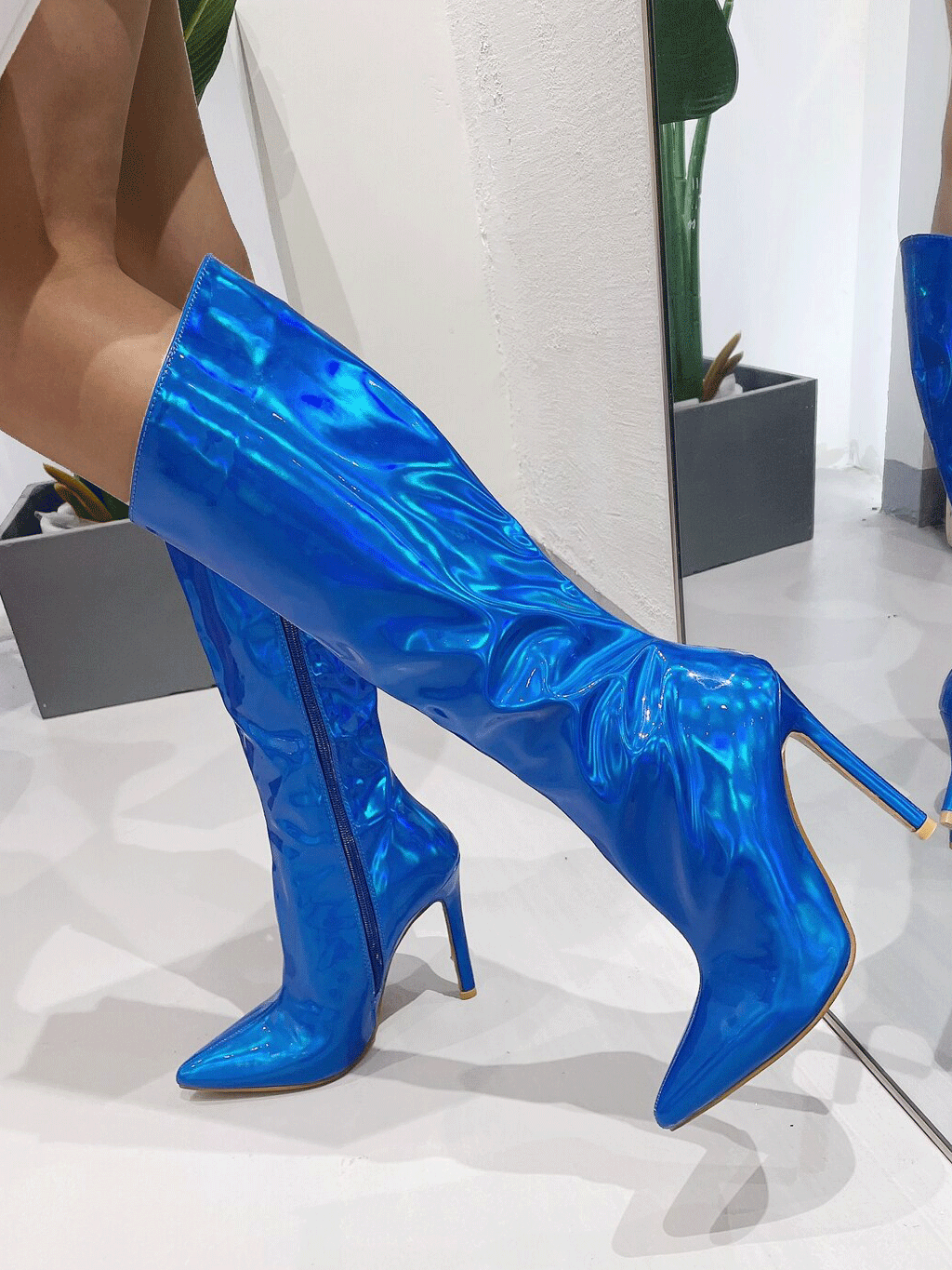 Leather Stiletto Heeled Shiny Boots Blue / 5/5.5