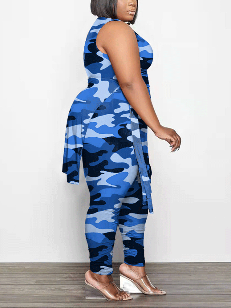 Camouflage Print Sleeveless Irregular Set Camo Blue / 3XL