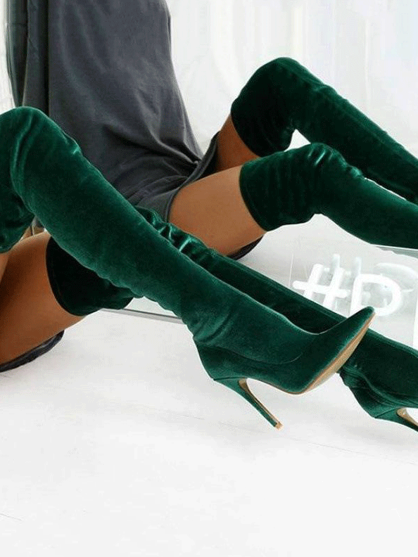Velvet Pointed Toe High Heels Boots Red / 10