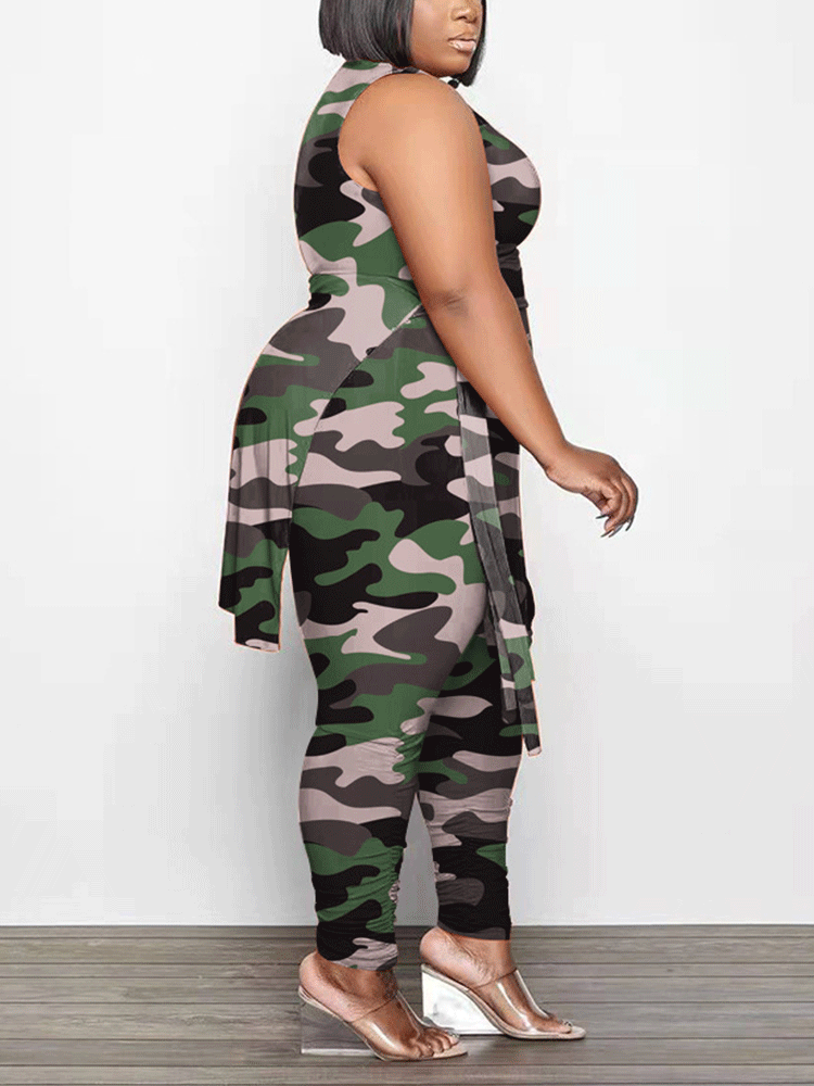 Camouflage Print Sleeveless Irregular Set Camo Green / XL