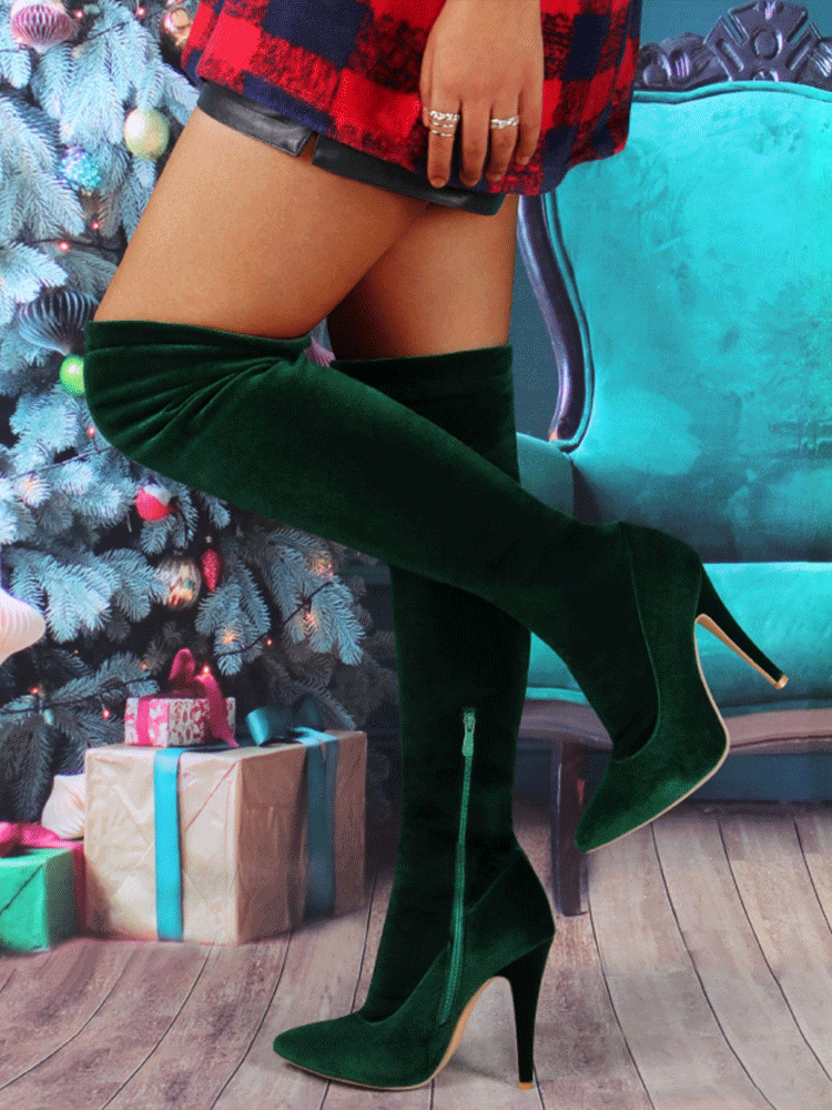 Velvet Pointed Toe High Heels Boots Red / 7.5/8