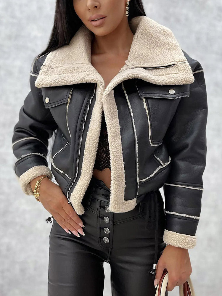 Leather Shearling Crop Jacket Khaki / M
