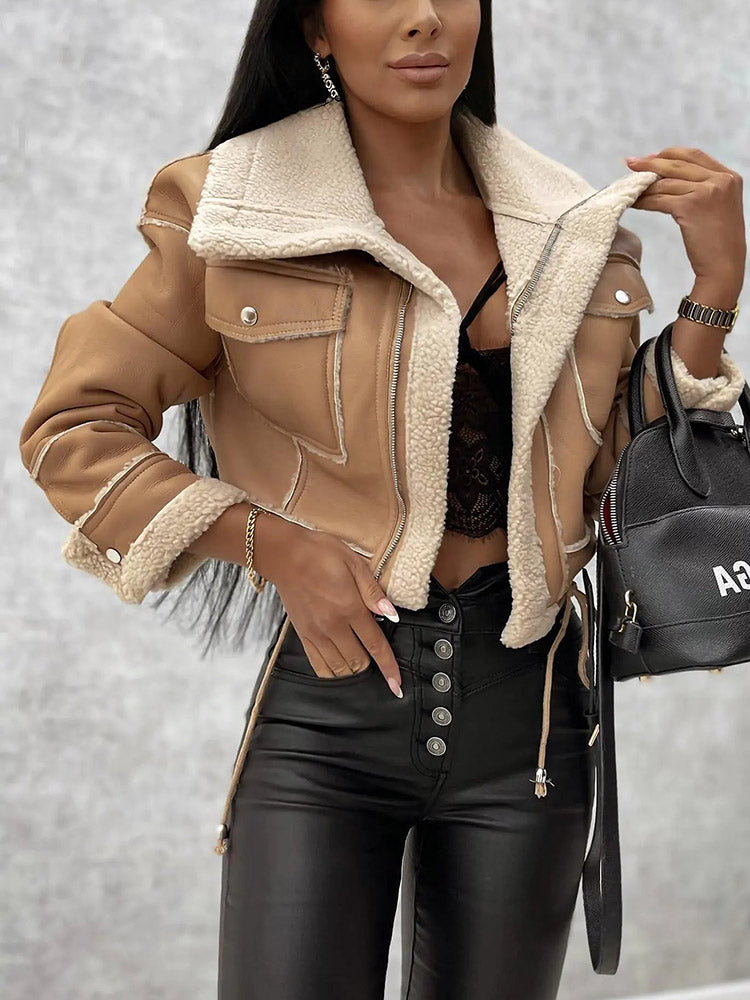 Leather Shearling Crop Jacket Beige / L