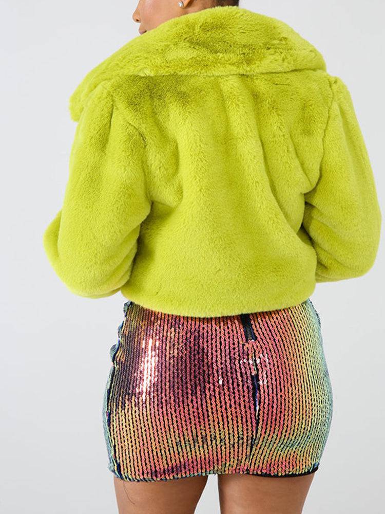 Solid Color Faux Fur Jacket Apple Green / 2XL