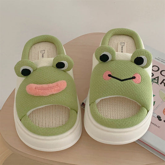 Cute Frog Linen Slippers Green / EU:36-37:US Women's 5-6.5