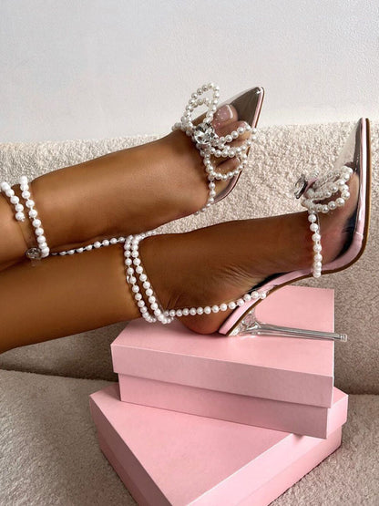 Pearl Bow Pointed Toe Heel Sandals Pink / 8.5