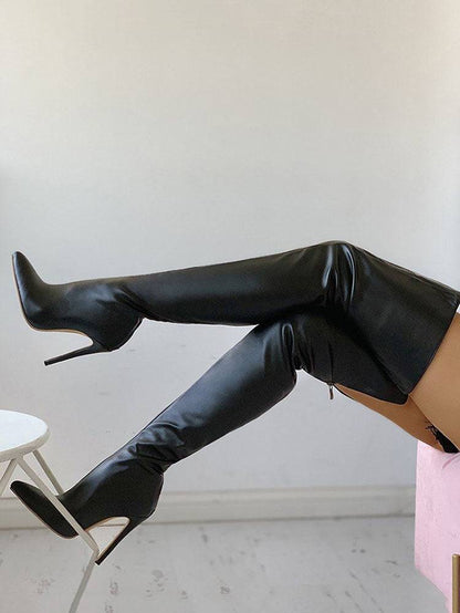 PU Zipper Stiletto Heeled Over Knee Boots Black / 6.5/7