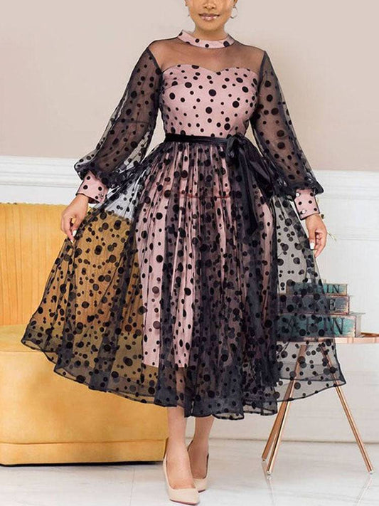 Women's Polka Dot Mesh Patchwork Dress Black Pink / L