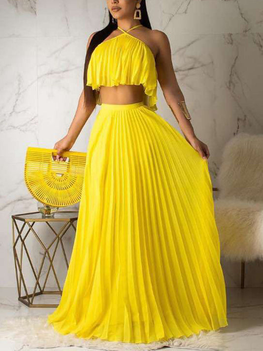 Chiffon Pleated Skirt Set Wine Red / S