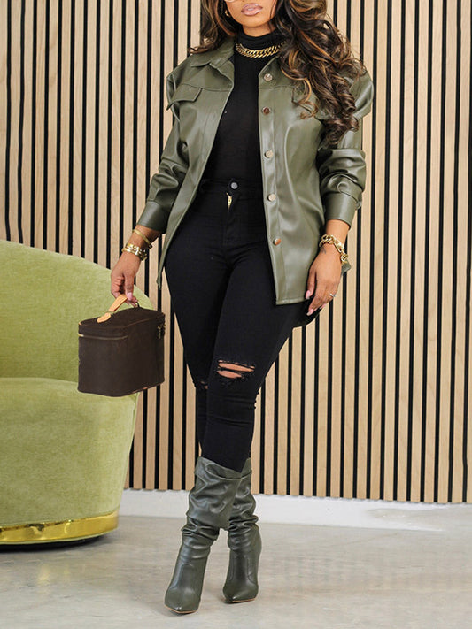 Leather Button Jacket Green / S