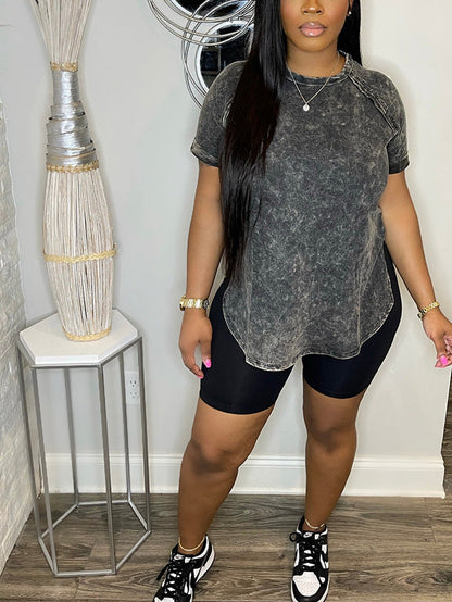 Slit Top Skinny Shorts Set Black / L