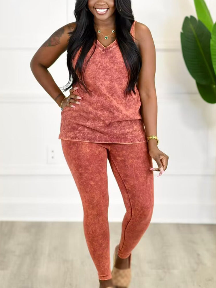 Sleeveless Solid Top Pants Set Rose / L