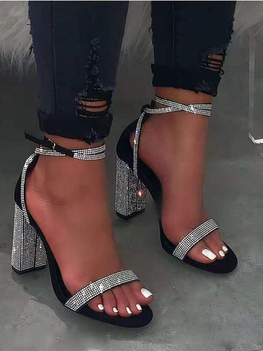 Sequined Rhinestone Wrap Up Heels Black / 4/4.5