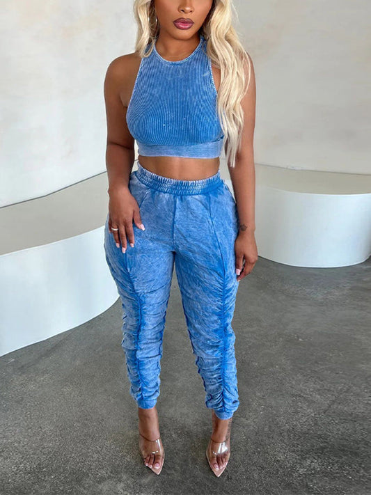 Tank Top Ruched Pants Set Blue / S