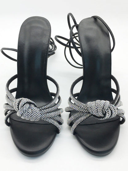Women's Rhinestone Lace-up Pointed-toe Heels Golden / 9/9.5