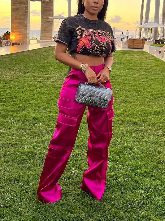 Satin Cargo Pants Rose / L