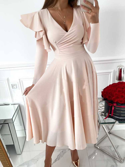 V Neck Ruffled Long Sleeved Dress Pink / M