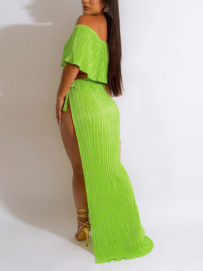 Off Shoulder Top Split Skirt Apricot / S