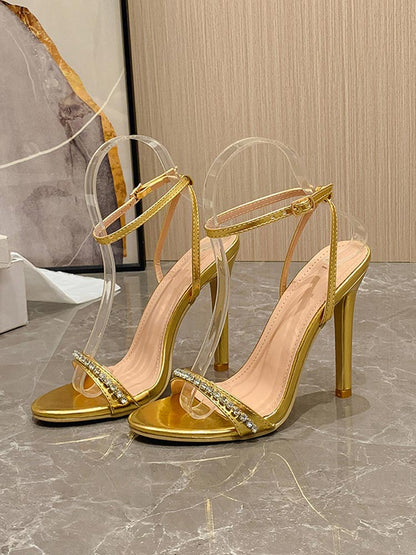 Rhinestone Ankle Strap Heels Gold / 6.5/7
