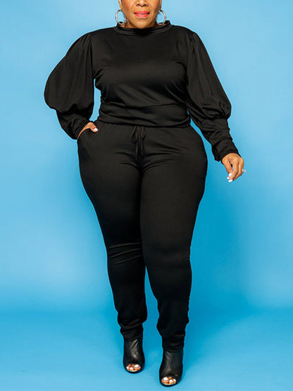 Solid Top Drawstring Pants Set Dark Gray / 3XL