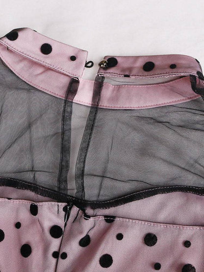 Women's Polka Dot Mesh Patchwork Dress Black Pink / 3XL