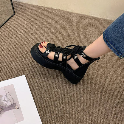 Thick-Sole Lace Up Roman Sandals Black / EU:39:US Women's 8-8.5 Men's 5.5-6