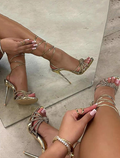 Women's Rhinestone Lace-up Pointed-toe Heels Golden / 5/5.5