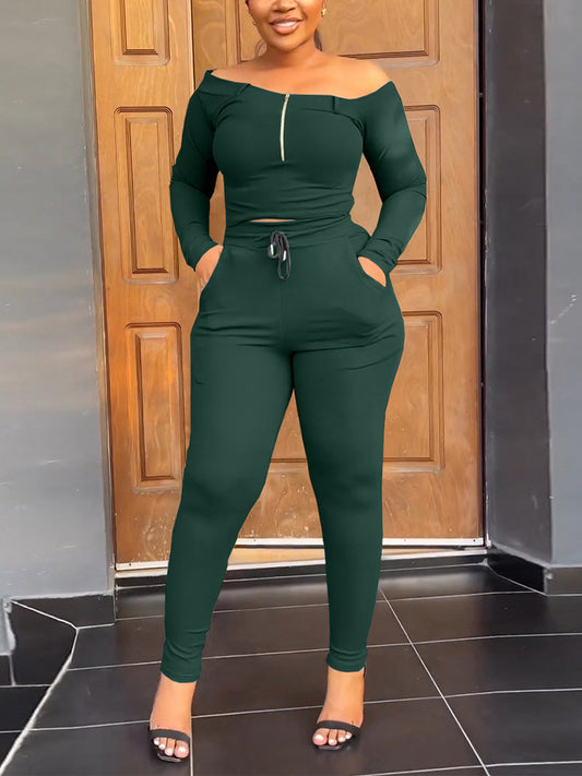 Zipper Top Drawstring Pants Set Dark Green / S
