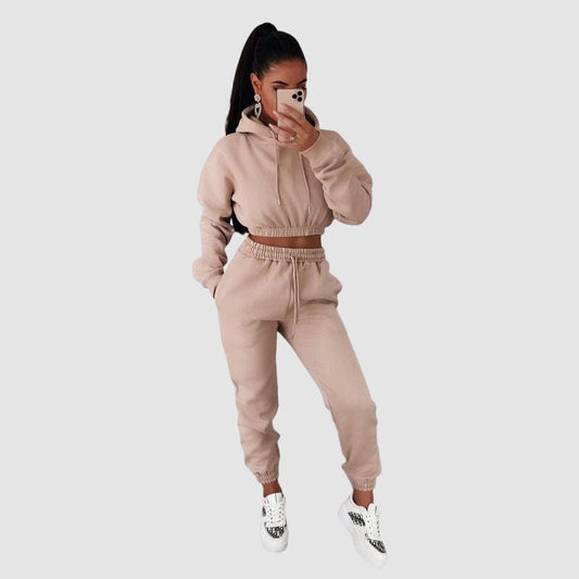 Solid Color Hoodies Drawstring Pant Set Khaki / S
