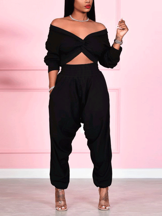 Crop Cross Top & Track Pants 2PC Set Black / S