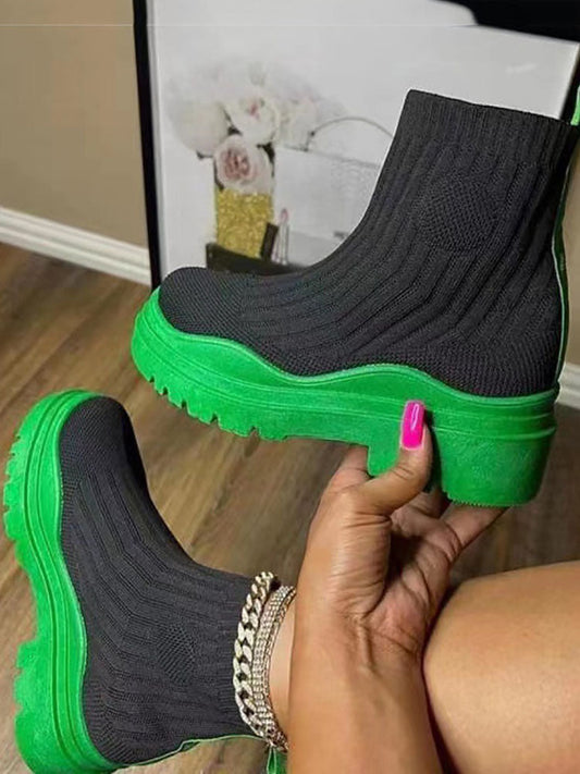 Platform Round Toe Knit Boots Green / 5/5.5