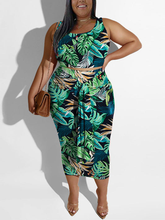 Printed Tie Up Skirt Set Green / XL