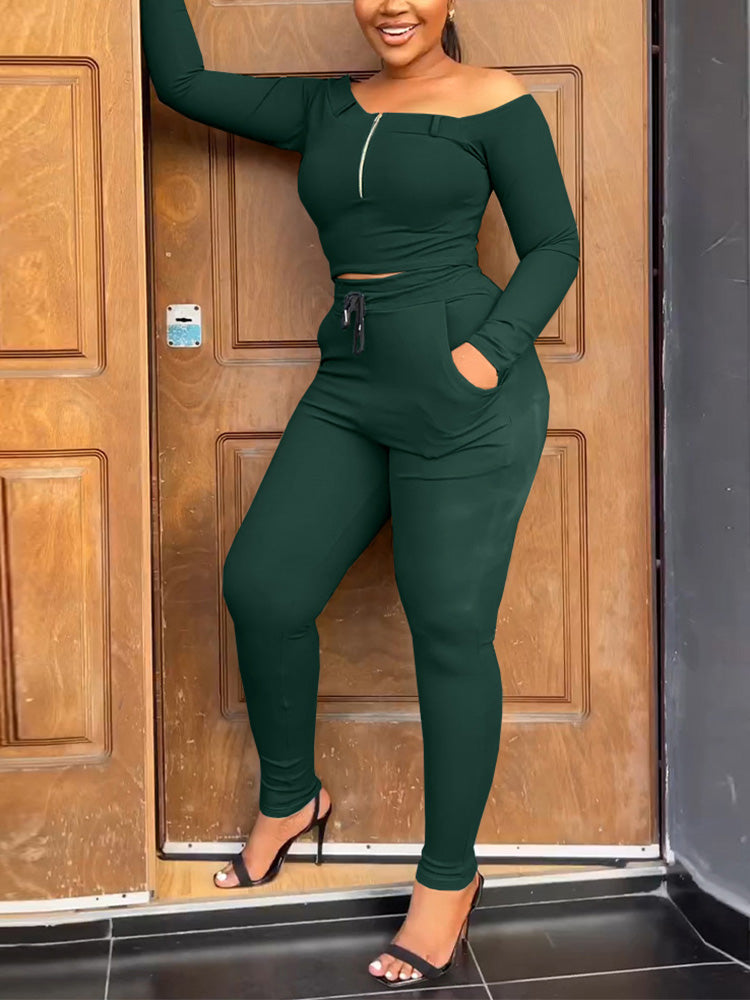 Zipper Top Drawstring Pants Set Dark Green / M