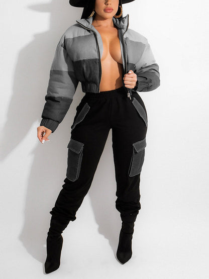 Color Block Denim Puffer Jacket Gray / L