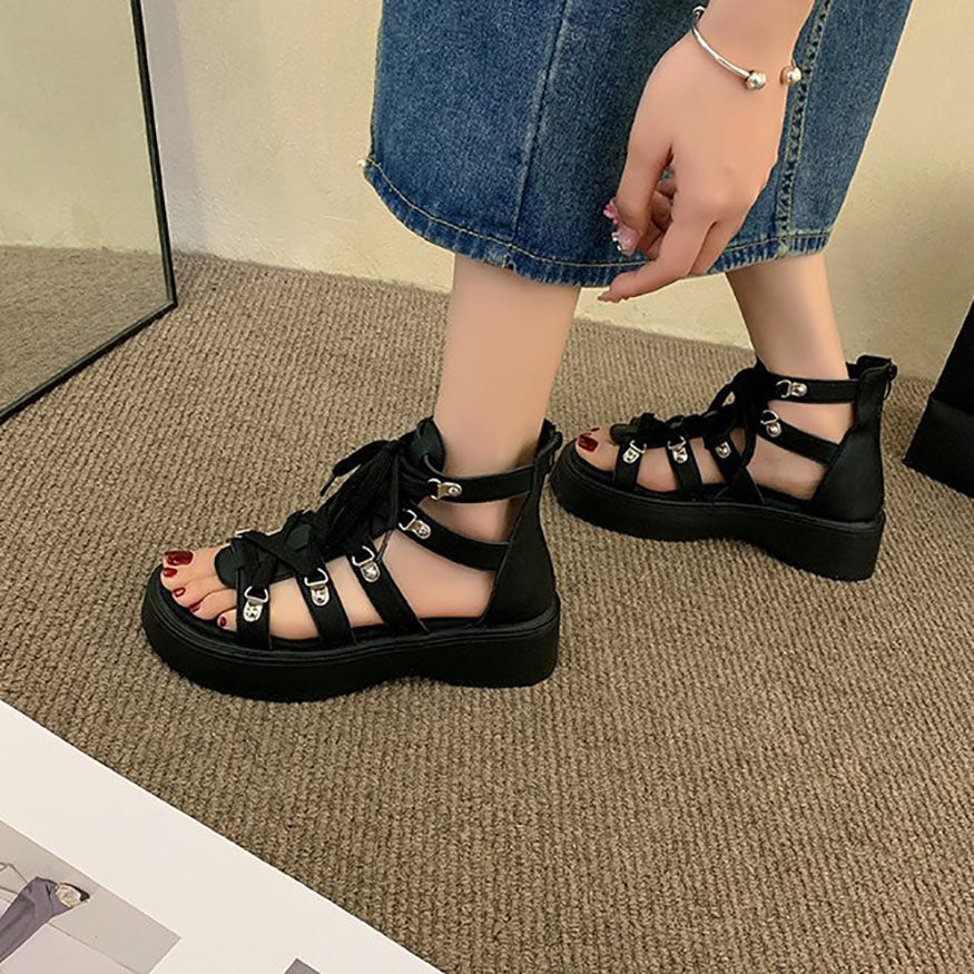 Thick-Sole Lace Up Roman Sandals Black / EU:35:US Women's 4-4.5