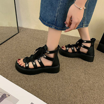 Thick-Sole Lace Up Roman Sandals Black / EU:35:US Women's 4-4.5