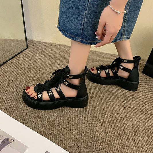 Thick-Sole Lace Up Roman Sandals Black / EU:35:US Women's 4-4.5